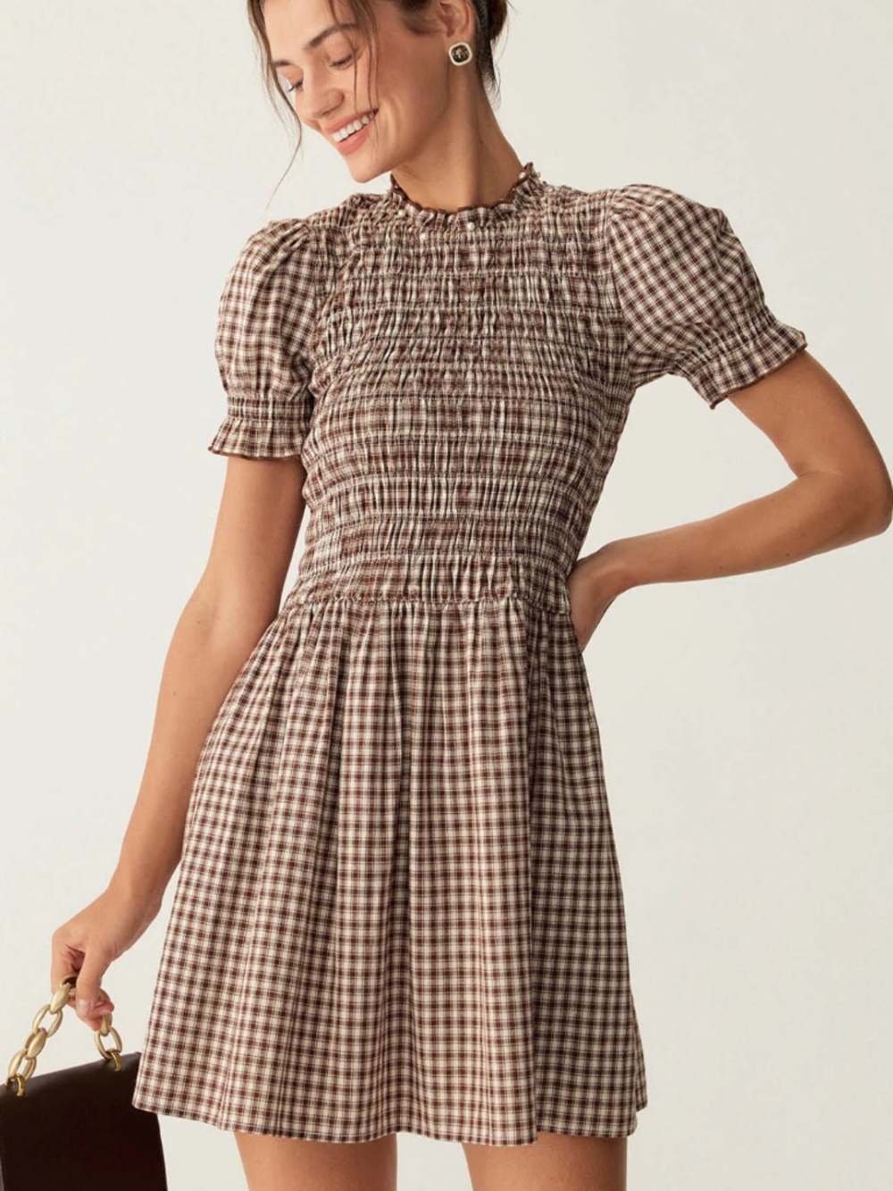 Rihoas brown smocked mini gingham dress - Picture 2 of 9